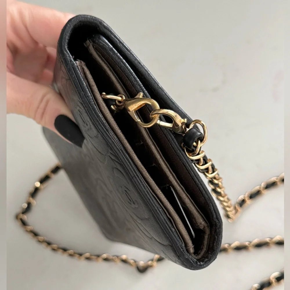 CHANEL Lambskin Embossed Camellia Large Gusset Flap Wallet w/Box, Card and Chain - Picture 5 of 16